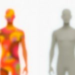 Two abstract human figures, one vibrant, one muted.